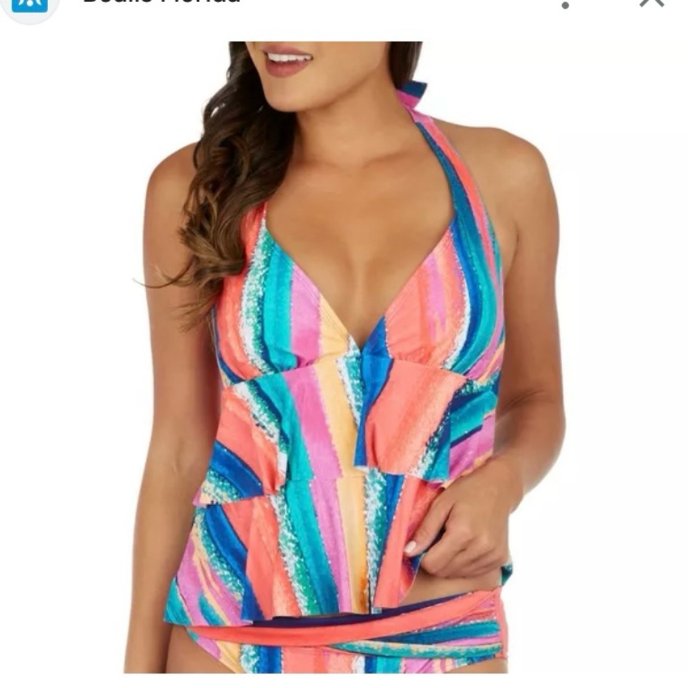 Urban Sea Womens Painted Stripes Ruffle Tier Halter Tankini Top Size Small NWT